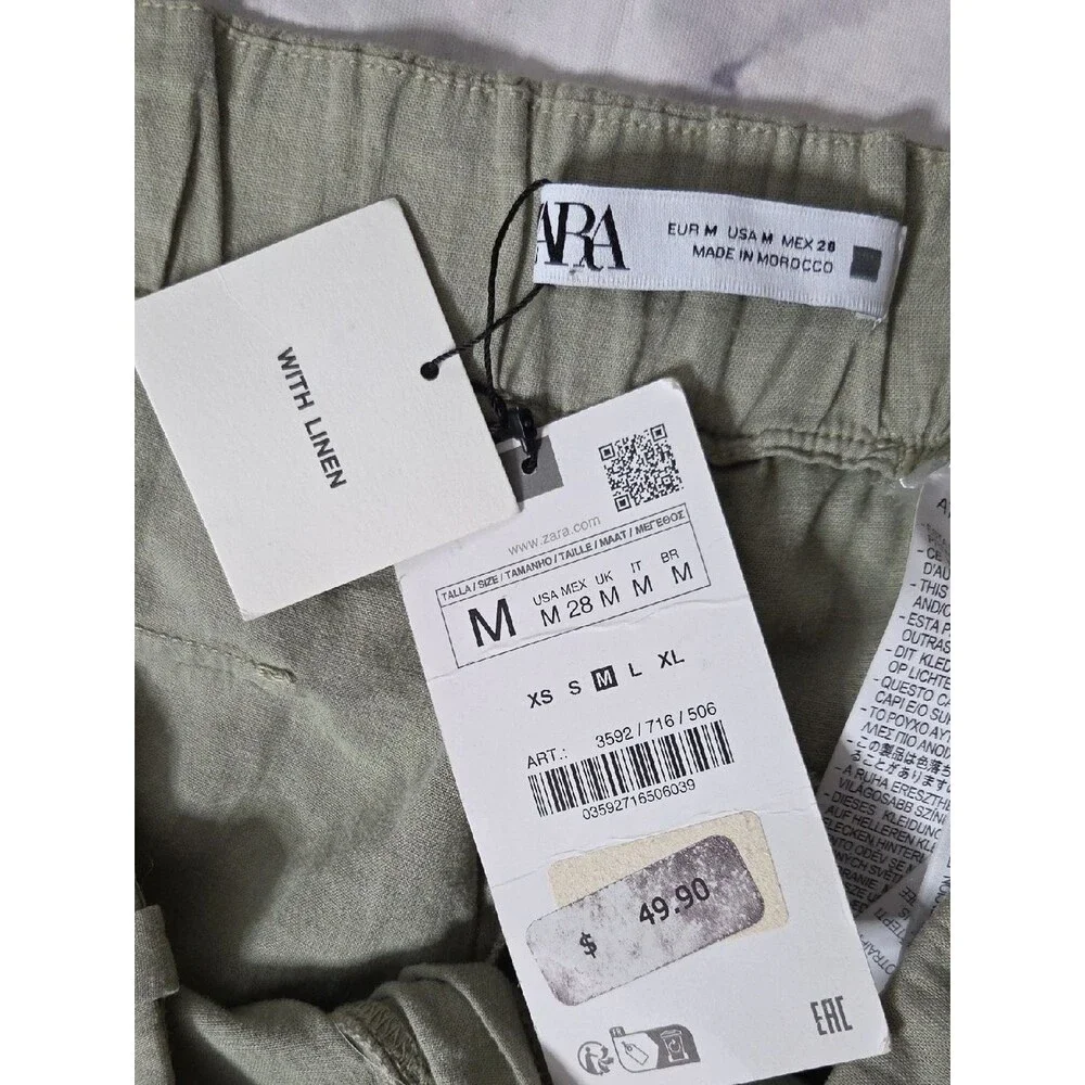 Zara Sage Green Linen Blend Cargo Pants